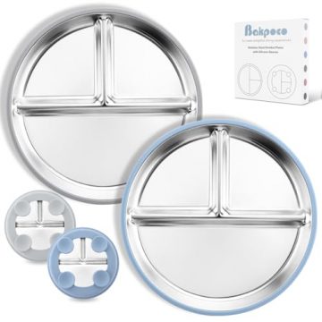 Bakpoco Stainless Steel Toddler Plate with Suction, 9” Divided…